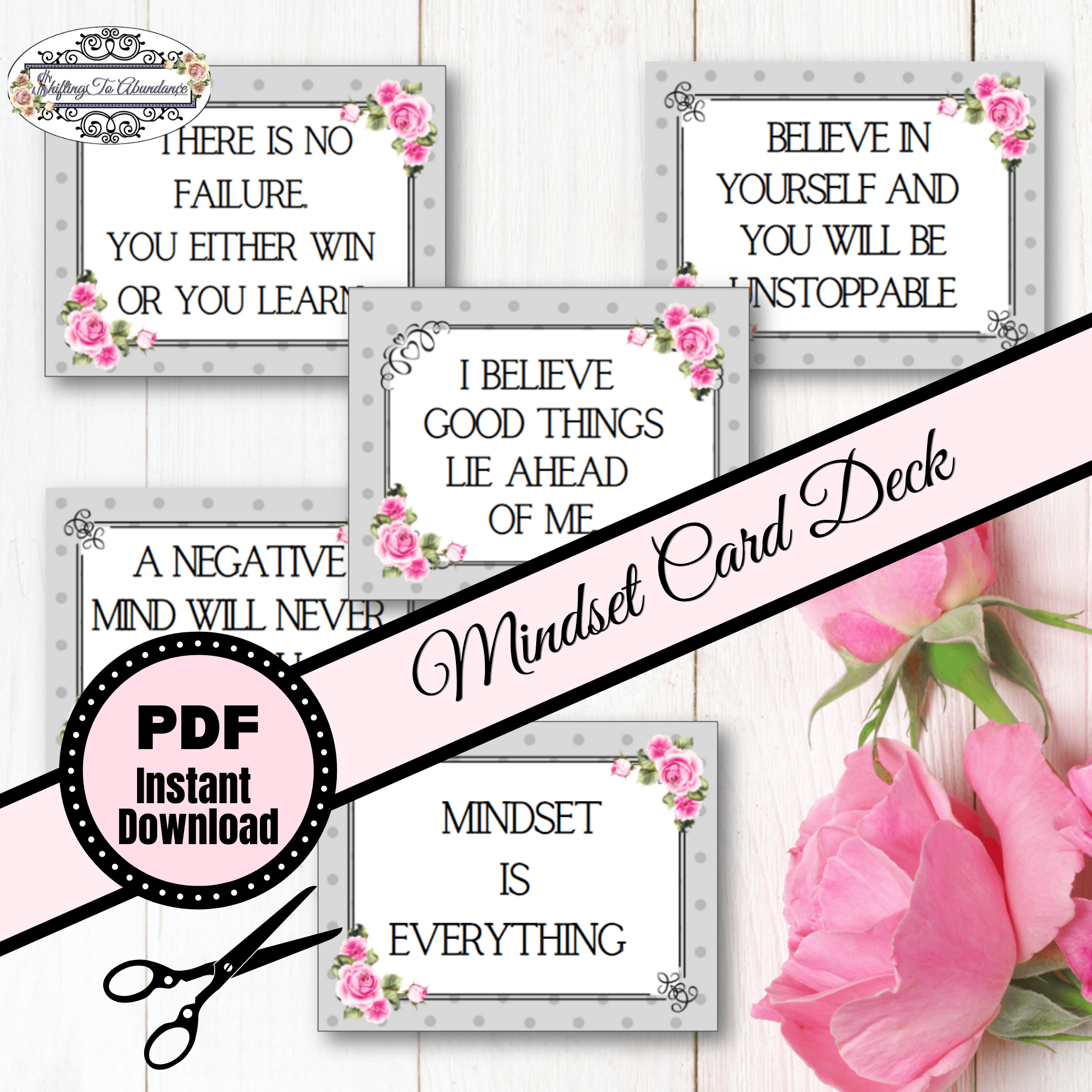 mindset card deck. PDF instant download. pink background with pink roses