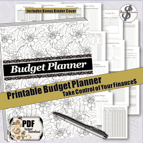 printable budget planner - take control of your finances, black and white floral design covers