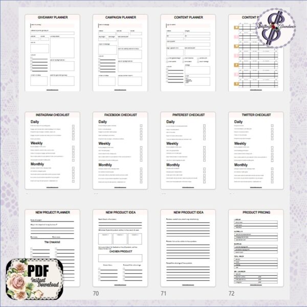 printable business planner for online business interior pages